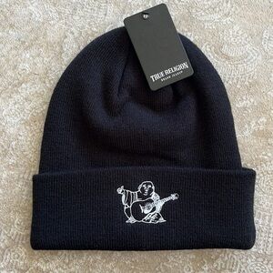 Brand New True Religion Black Knit Beanie Cap Stretch Cuffed Hat Embroidered